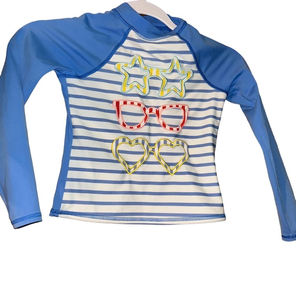 Lands’ end girls blue stripe swim rash guard sunglasses print long sleeve size 5